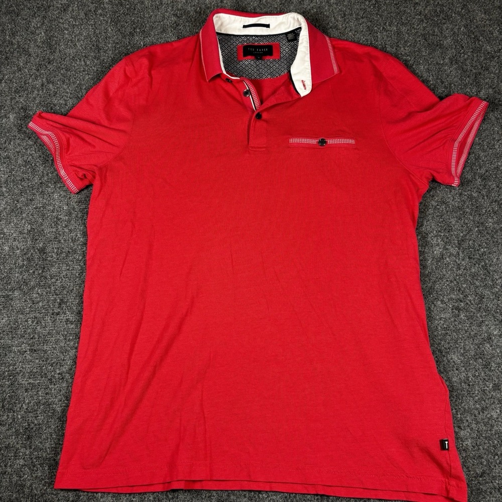 Ted Baker Polo Shirt Mens‎ Size 3 Red Cotton Modal Short Sleeve Geometric Trim
